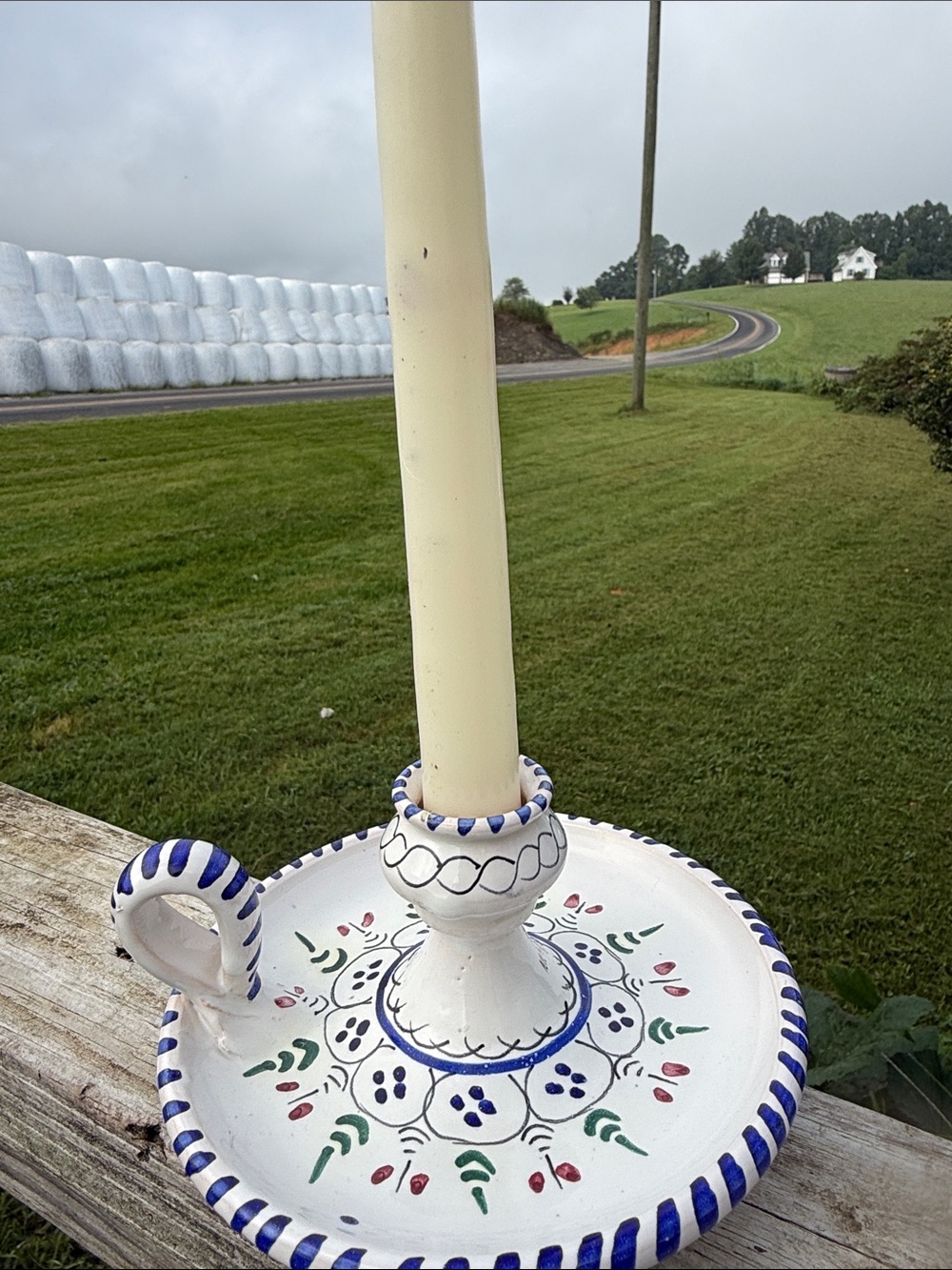 Hand-Painted White Ceramic Taper Candle Holder with Blue Accents
